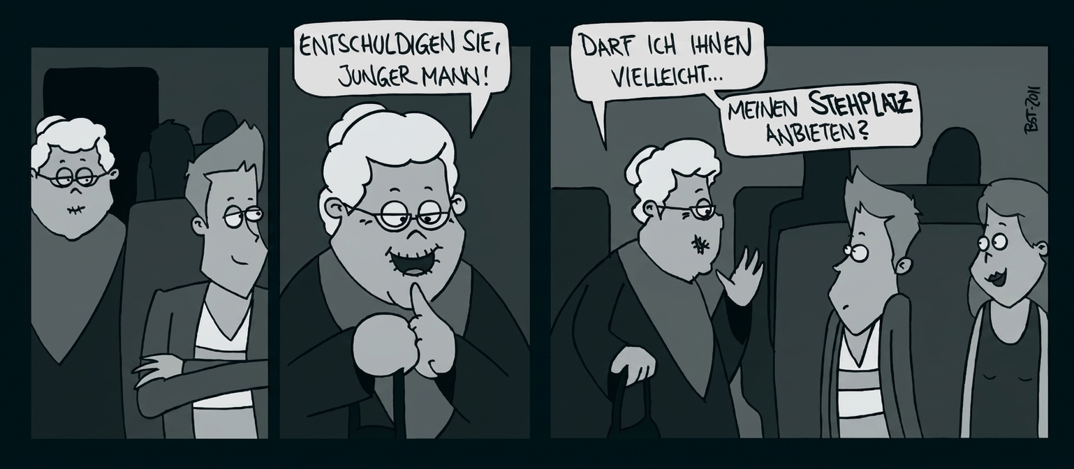 Cartoon: Ein älterer Mann bietet im Bus seinen Stehplatz an.